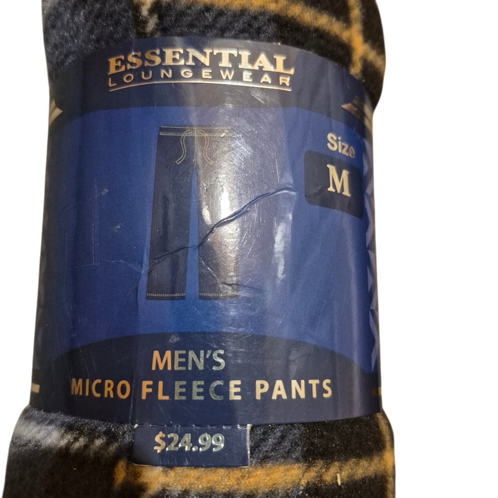 Men's Micro Fleece Pants Essential Loungewear Medium Blue Plaid Drawstring New - Picture 2 of 9